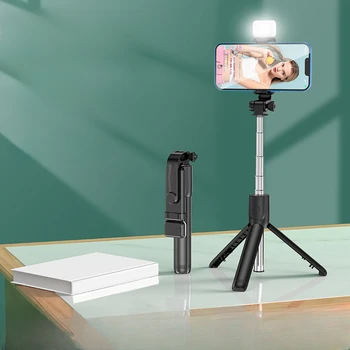 Selfie sopa kablosuz bluetooth uyumlu katlanabilir Mini Tripod ile telefon için dolgu ışığı deklanşör uzaktan kumanda Ios Android için