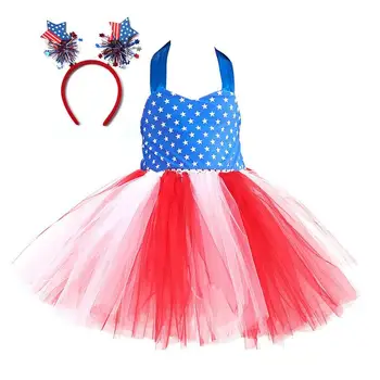 4 temmuz Etek Amerikan Bayrağı Kız Elbise Amerikan Prenses Elbise Kafa Bandı İle Tül Prenses Çiçek Kız Elbise Bebek İçin