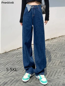 Kot Kadın Kontrast Renk Düz Eski Katı Streetwear Sonbahar Yüksek Bel Moda Günlük Pantolon Zarif Kore Tarzı Basit