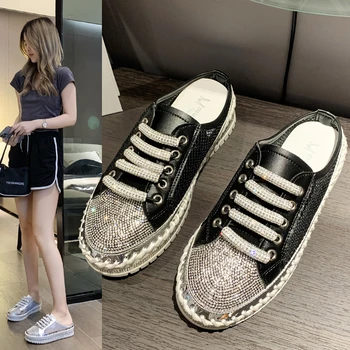2023 Yaz Slaytlar Kadınlar Kristaller 3cm Düz Topuk platform ayakkabılar Bling Yarım Terlik Bling Elmas Ayakkabı